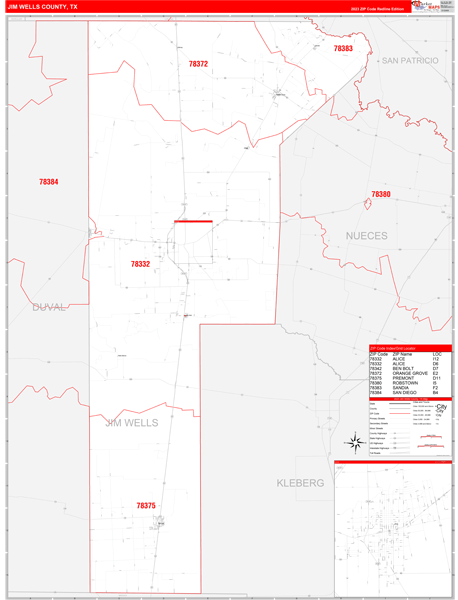 Jim Wells County, TX Zip Code Wall Map
